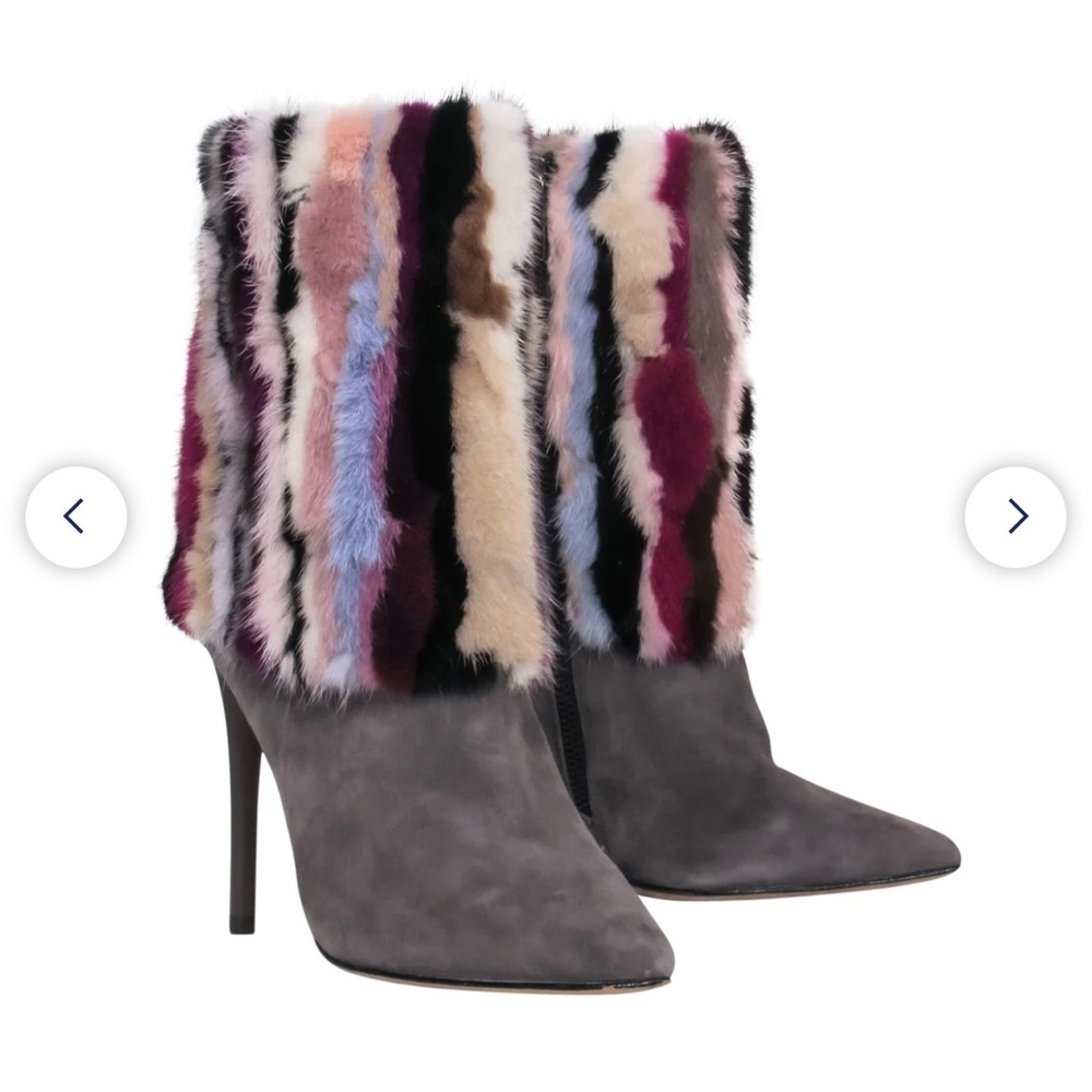 Brian Atwood - Grey Suede Pointed Toe Boots W/ Multicolored Fur Sz 7.5